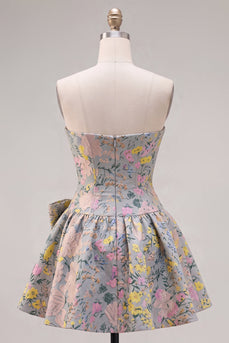 Trägerloses A-Linie Graues Blumen Jacquard Kurzes Abendkleid mit Schleife
