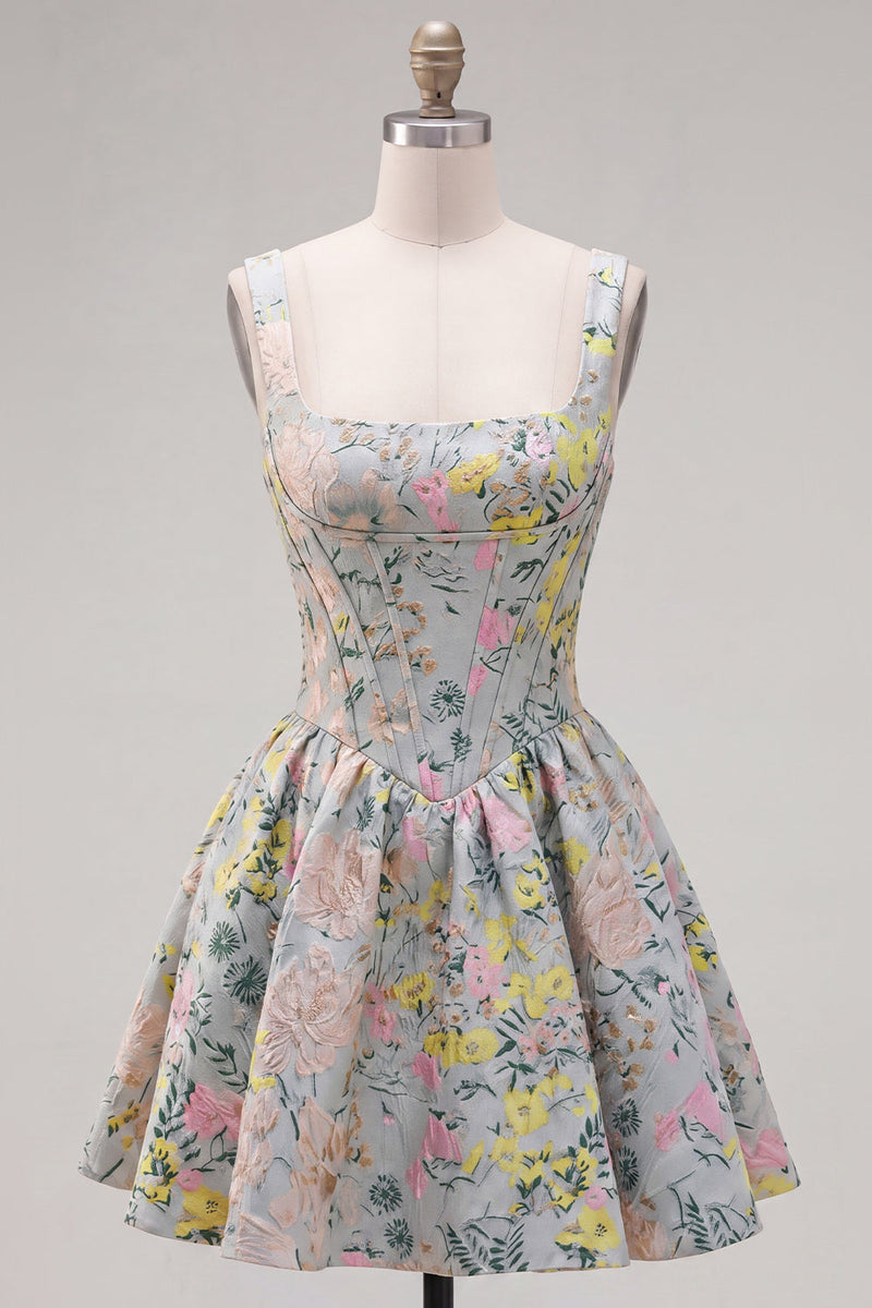 Laden Sie das Bild in den Galerie-Viewer, Graues, quadratisches A-Linien-Blumenkorsett Jacquard Homecoming-Kleid