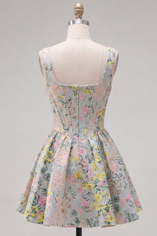 Graues Quadratisches A-Linie Blumen Korsett Jacquard Kurzes Abendkleid