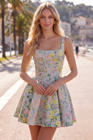 Laden Sie das Bild in den Galerie-Viewer, Graues, quadratisches A-Linien-Blumenkorsett Jacquard Homecoming-Kleid