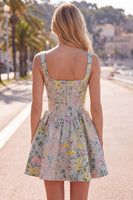 Laden Sie das Bild in den Galerie-Viewer, Graues, quadratisches A-Linien-Blumenkorsett Jacquard Homecoming-Kleid