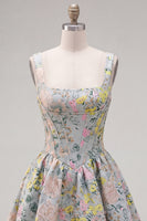 Laden Sie das Bild in den Galerie-Viewer, Graues, quadratisches A-Linien-Blumenkorsett Jacquard Homecoming-Kleid