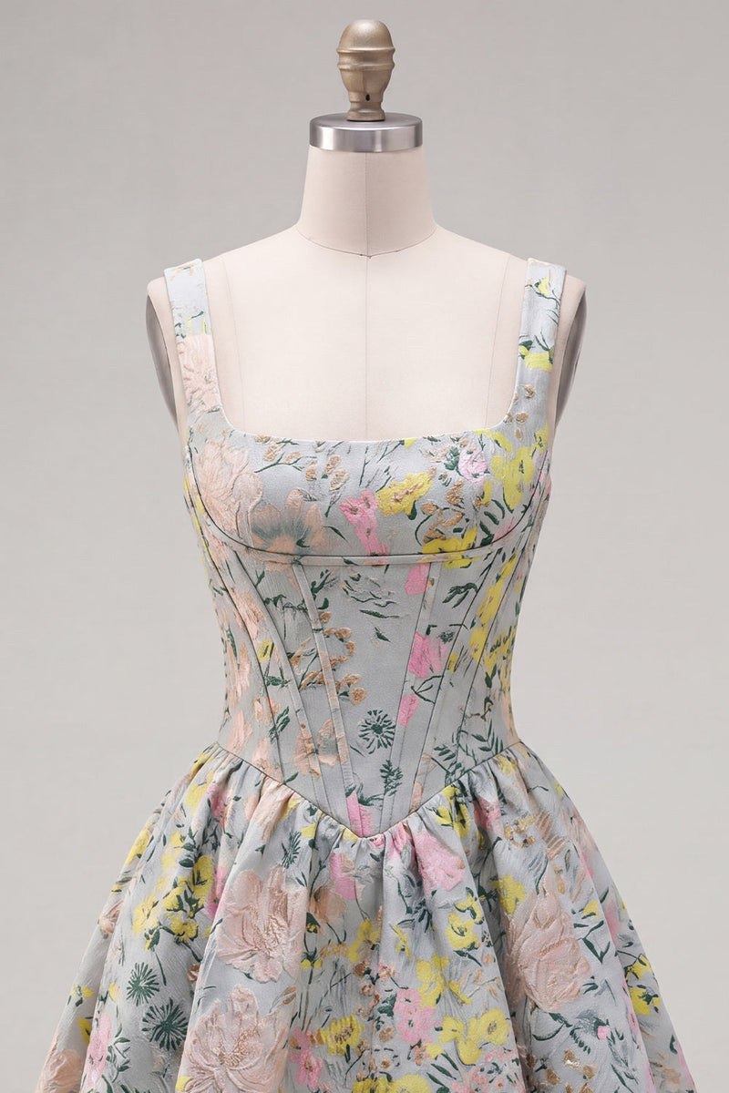 Laden Sie das Bild in den Galerie-Viewer, Graues, quadratisches A-Linien-Blumenkorsett Jacquard Homecoming-Kleid