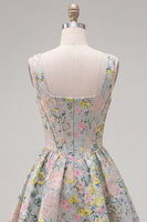 Laden Sie das Bild in den Galerie-Viewer, Graues, quadratisches A-Linien-Blumenkorsett Jacquard Homecoming-Kleid