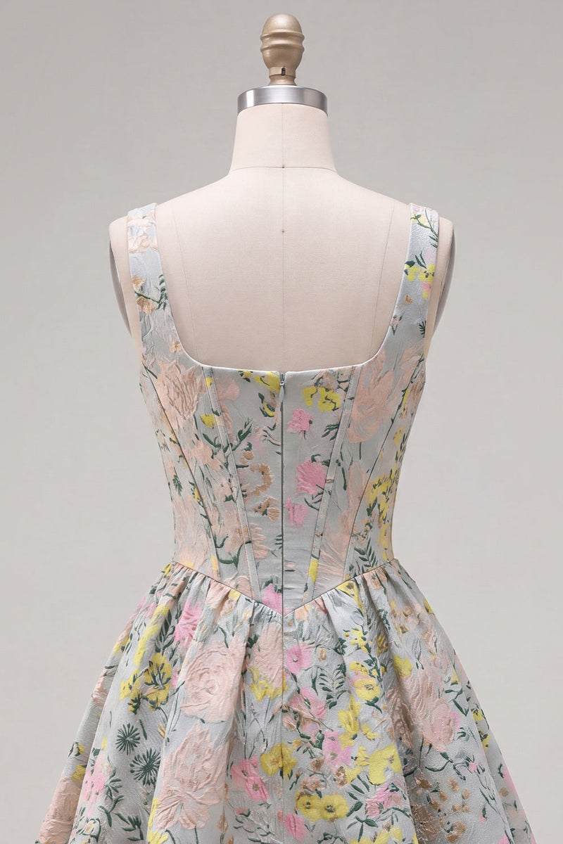 Laden Sie das Bild in den Galerie-Viewer, Graues, quadratisches A-Linien-Blumenkorsett Jacquard Homecoming-Kleid