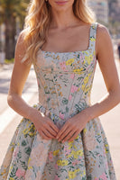 Laden Sie das Bild in den Galerie-Viewer, Graues, quadratisches A-Linien-Blumenkorsett Jacquard Homecoming-Kleid