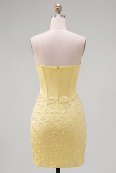 Trägerloses Gelbes Korsett Perlmutt Bodycon Kurzes Abendkleid