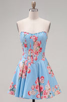 Laden Sie das Bild in den Galerie-Viewer, Trägerloses, gelbes Perlmutt-A-Line-Korsett, Blumen-Homecoming-Kleid