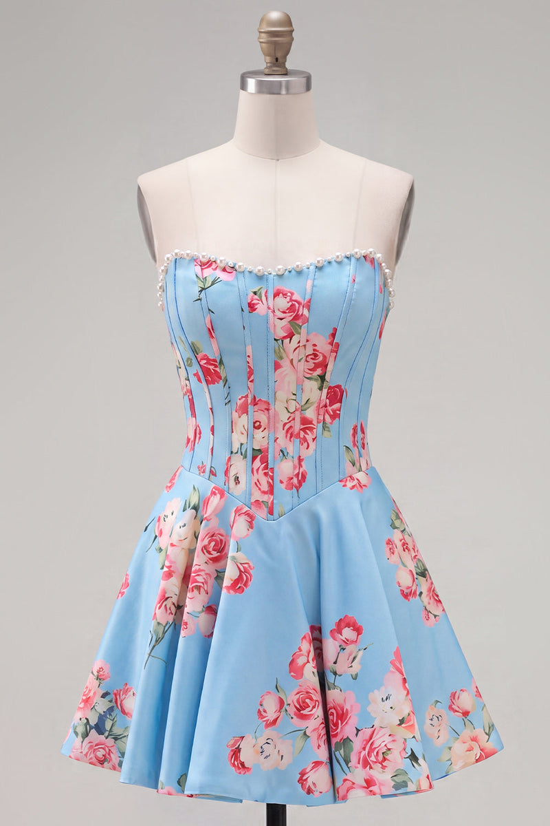 Laden Sie das Bild in den Galerie-Viewer, Trägerloses, gelbes Perlmutt-A-Line-Korsett, Blumen-Homecoming-Kleid