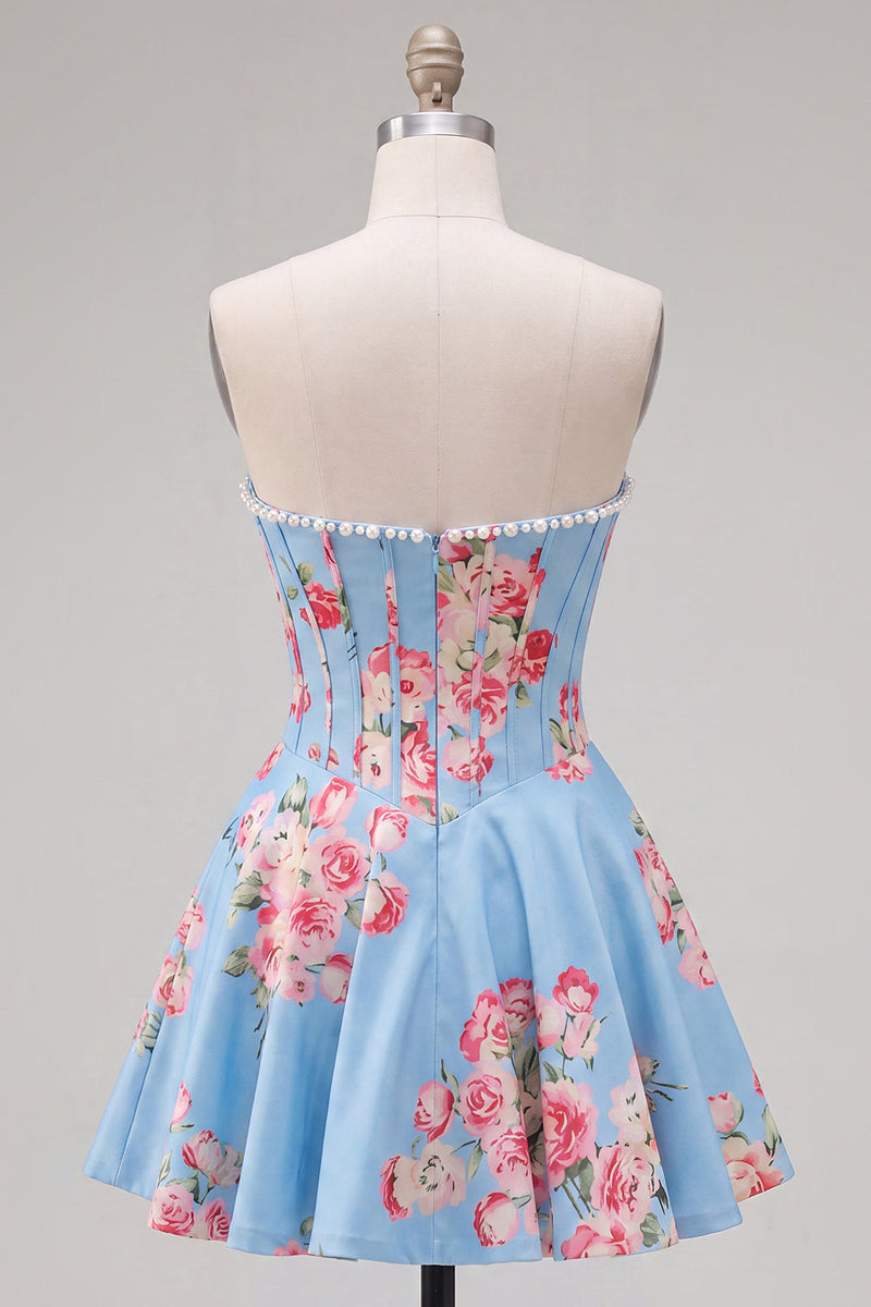 Laden Sie das Bild in den Galerie-Viewer, Trägerloses, gelbes Perlmutt-A-Line-Korsett, Blumen-Homecoming-Kleid