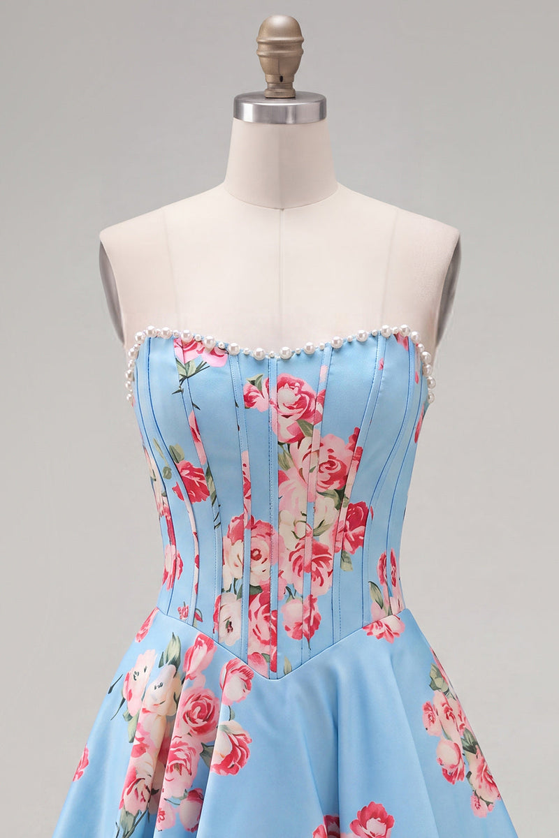 Laden Sie das Bild in den Galerie-Viewer, Trägerloses, gelbes Perlmutt-A-Line-Korsett, Blumen-Homecoming-Kleid