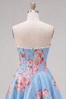 Laden Sie das Bild in den Galerie-Viewer, Trägerloses, gelbes Perlmutt-A-Line-Korsett, Blumen-Homecoming-Kleid