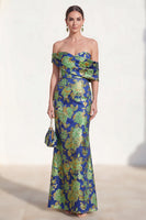 Laden Sie das Bild in den Galerie-Viewer, Schulterloses marineblaues Meerjungfrauen-Jacquard-Floral-Langes Mutter-der-der-Braut-Kleid