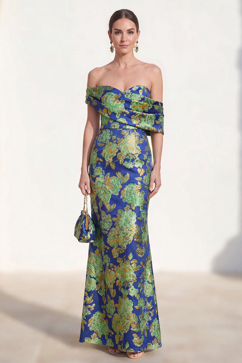 Laden Sie das Bild in den Galerie-Viewer, Schulterloses marineblaues Meerjungfrauen-Jacquard-Floral-Langes Mutter-der-der-Braut-Kleid