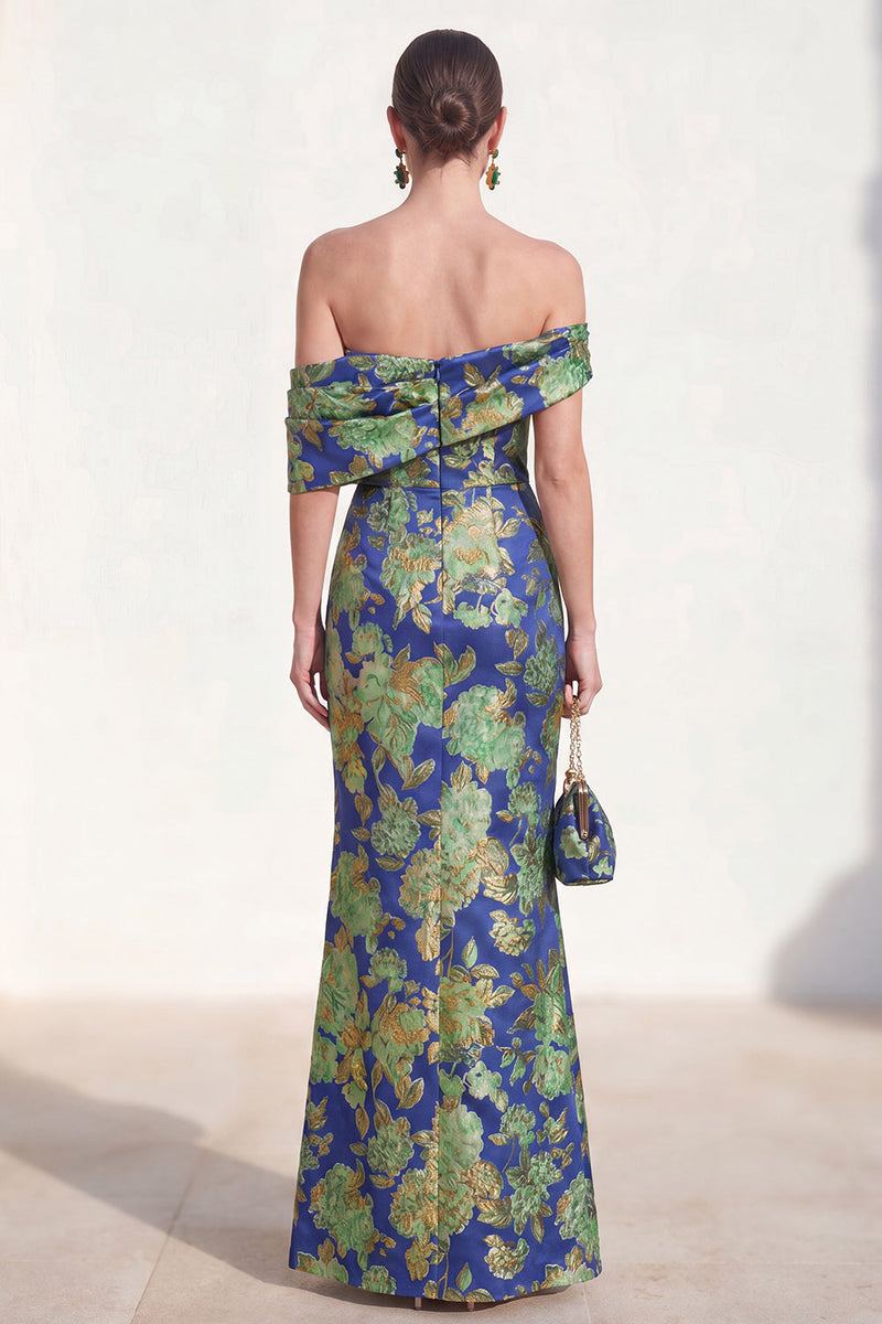 Laden Sie das Bild in den Galerie-Viewer, Schulterloses marineblaues Meerjungfrauen-Jacquard-Floral-Langes Mutter-der-der-Braut-Kleid