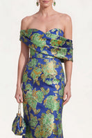 Laden Sie das Bild in den Galerie-Viewer, Schulterloses marineblaues Meerjungfrauen-Jacquard-Floral-Langes Mutter-der-der-Braut-Kleid