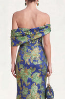 Laden Sie das Bild in den Galerie-Viewer, Schulterloses marineblaues Meerjungfrauen-Jacquard-Floral-Langes Mutter-der-der-Braut-Kleid