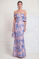 Laden Sie das Bild in den Galerie-Viewer, Schulterloses marineblaues Meerjungfrauen-Jacquard-Floral-Langes Mutter-der-der-Braut-Kleid
