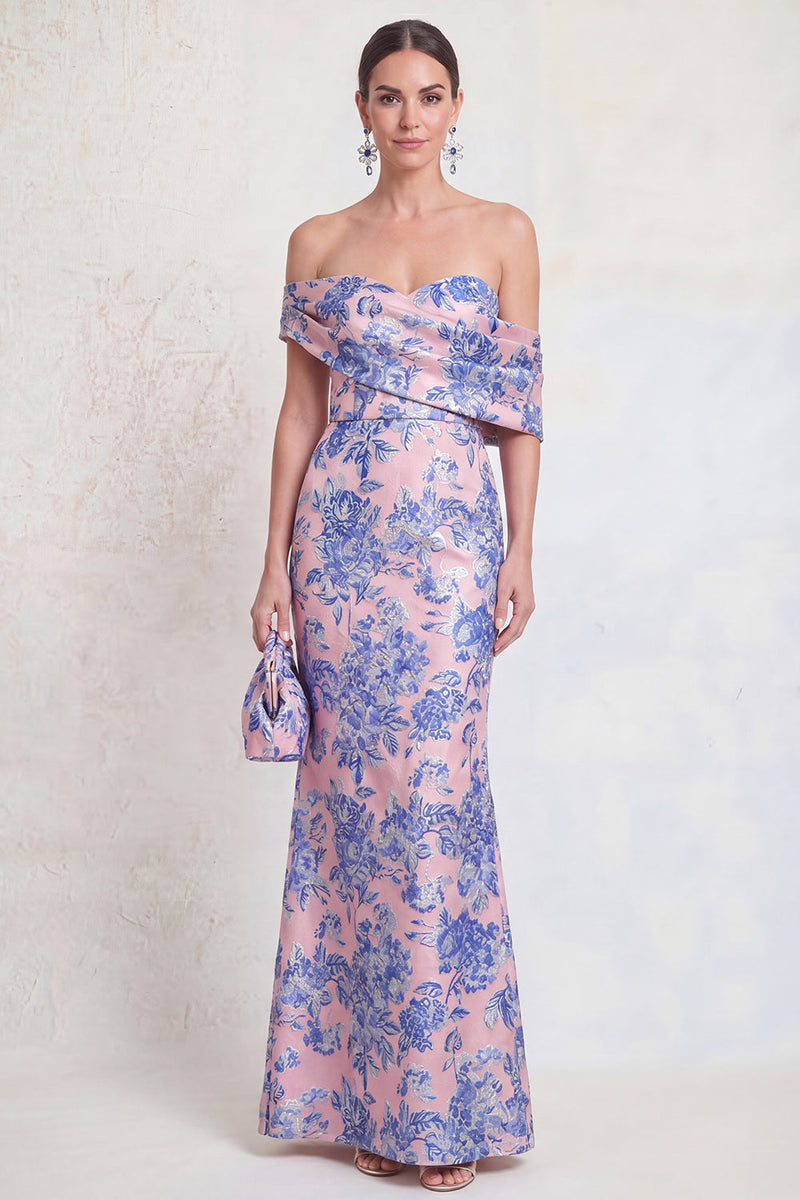 Laden Sie das Bild in den Galerie-Viewer, Schulterloses marineblaues Meerjungfrauen-Jacquard-Floral-Langes Mutter-der-der-Braut-Kleid