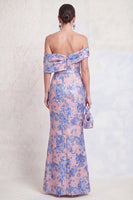 Laden Sie das Bild in den Galerie-Viewer, Schulterloses marineblaues Meerjungfrauen-Jacquard-Floral-Langes Mutter-der-der-Braut-Kleid