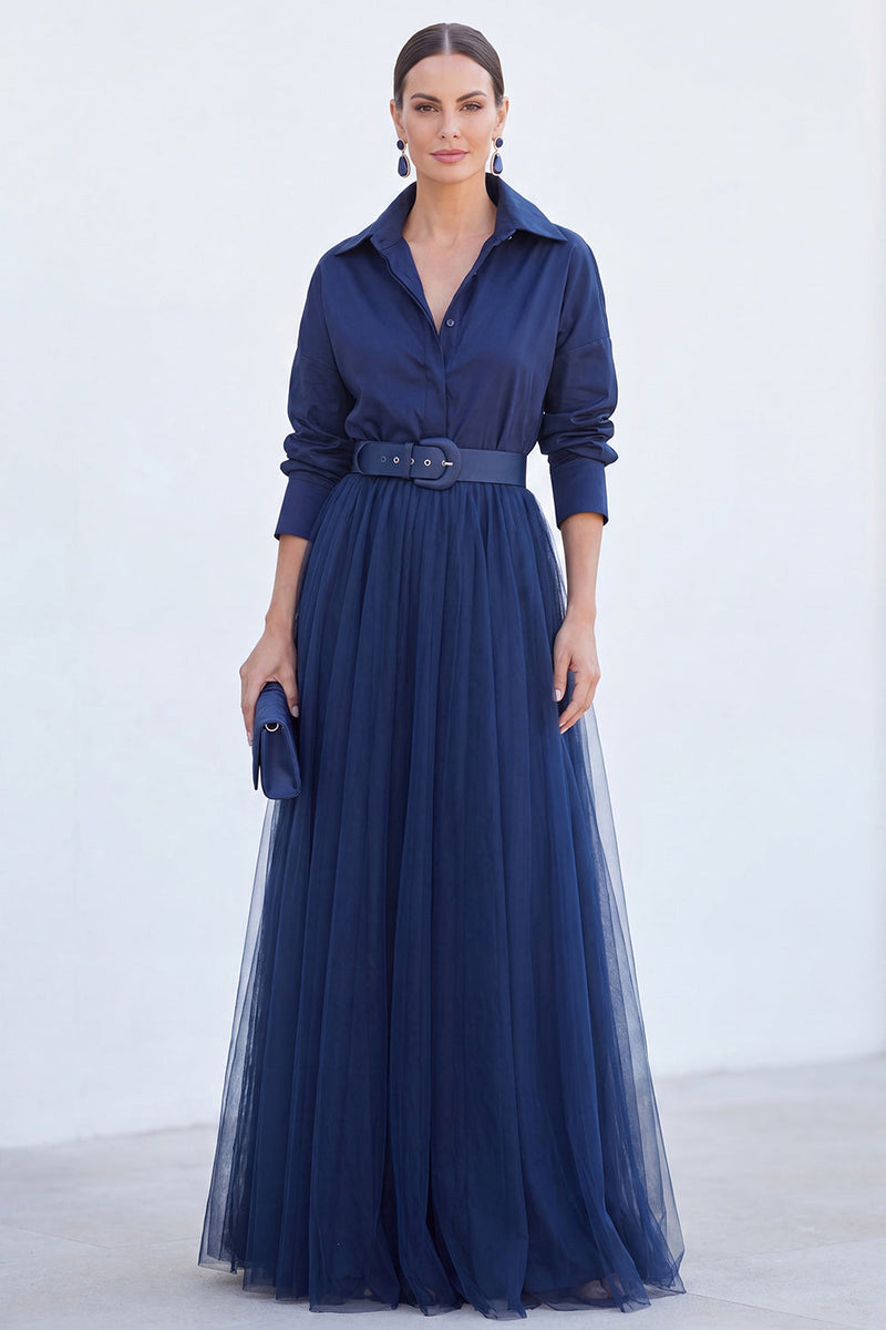 Laden Sie das Bild in den Galerie-Viewer, A-Linie graublaues Tüll-Langkleid der Mutter der Braut mit Gürtel
