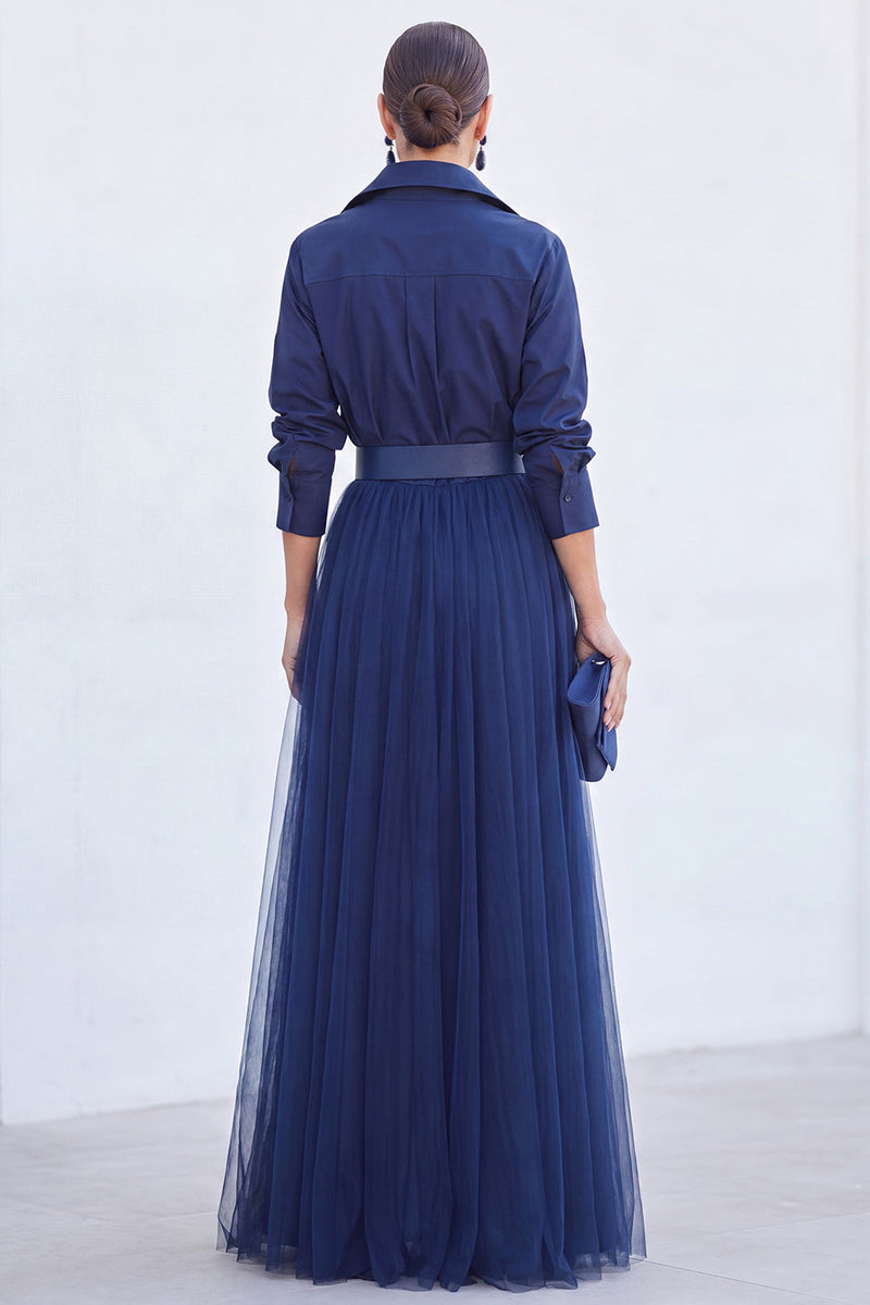 Laden Sie das Bild in den Galerie-Viewer, A-Linie graublaues Tüll-Langkleid der Mutter der Braut mit Gürtel