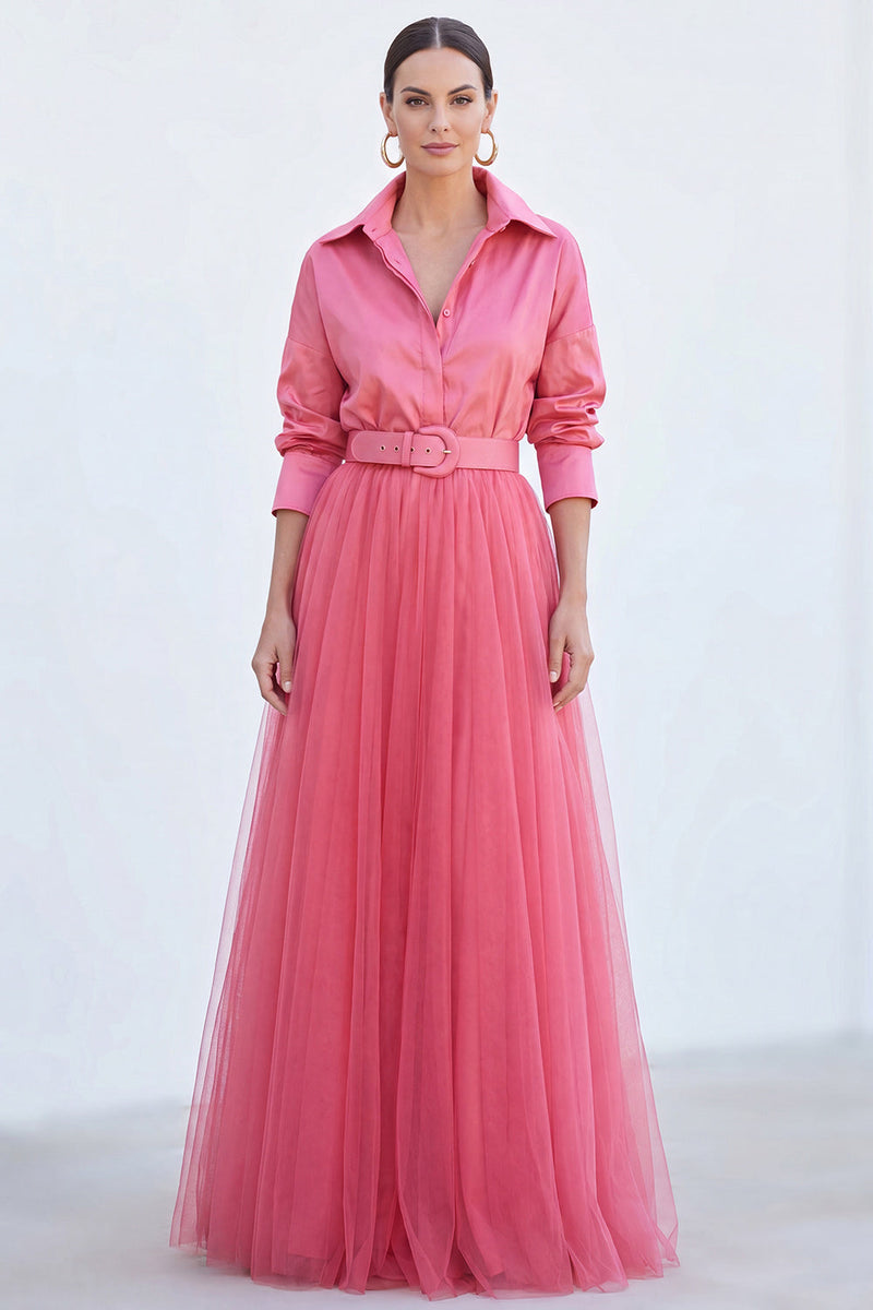 Laden Sie das Bild in den Galerie-Viewer, A-Linie graublaues Tüll-Langkleid der Mutter der Braut mit Gürtel