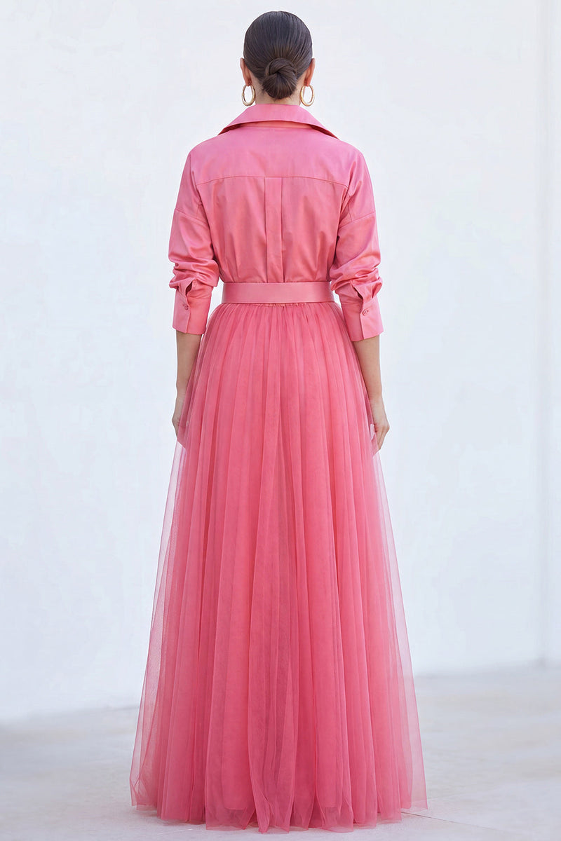 Laden Sie das Bild in den Galerie-Viewer, A-Linie graublaues Tüll-Langkleid der Mutter der Braut mit Gürtel