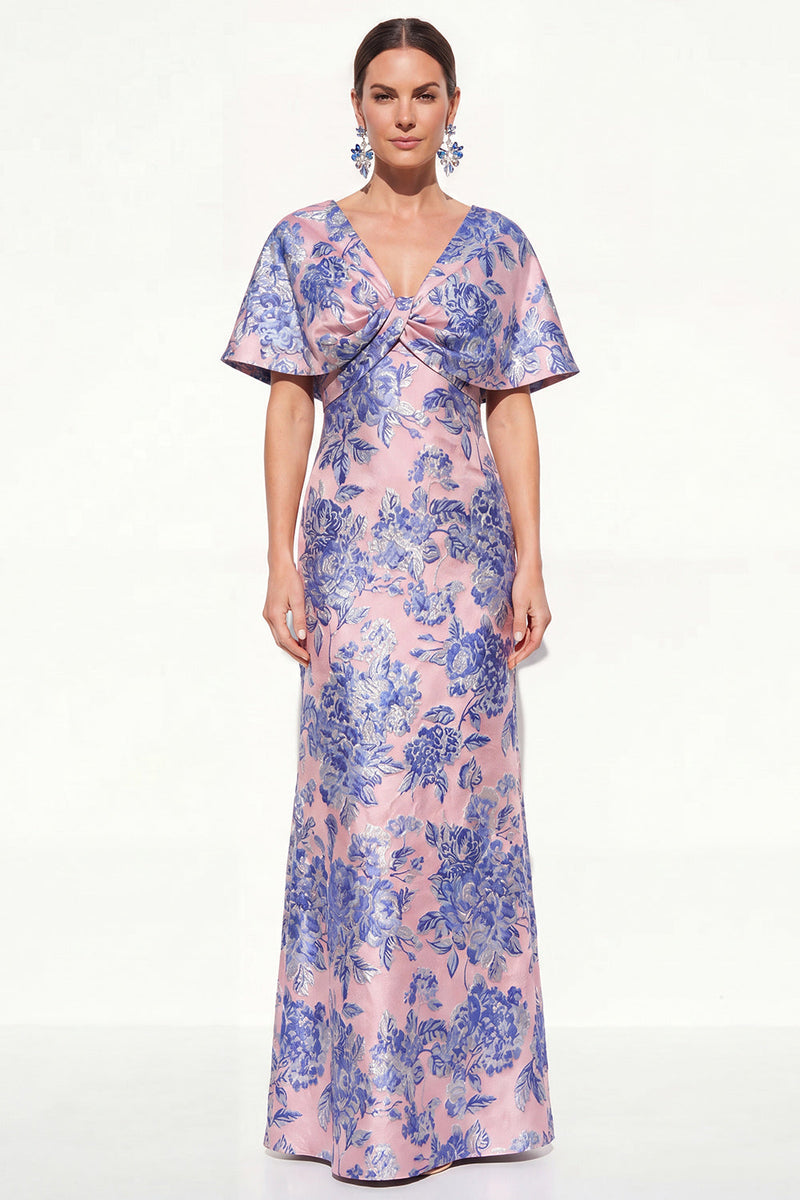 Laden Sie das Bild in den Galerie-Viewer, Rosablaues Meerjungfrauen-V-Ausschnitt Jacquard-Blumen-Kleidung Mutter der Braut