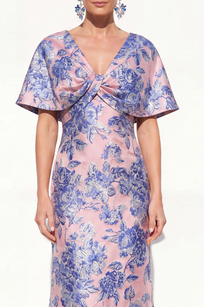 Laden Sie das Bild in den Galerie-Viewer, Rosablaues Meerjungfrauen-V-Ausschnitt Jacquard-Blumen-Kleidung Mutter der Braut