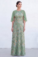 Laden Sie das Bild in den Galerie-Viewer, Grünes A-Linien-Umkleid mit Rundhals und langem Mutter-der-Braut-Kleid mit Umhang