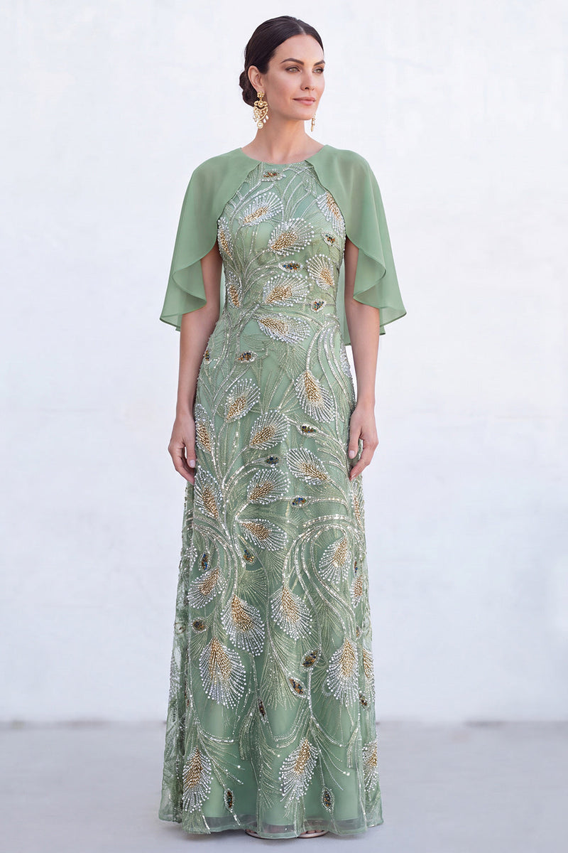 Laden Sie das Bild in den Galerie-Viewer, Grünes A-Linien-Umkleid mit Rundhals und langem Mutter-der-Braut-Kleid mit Umhang