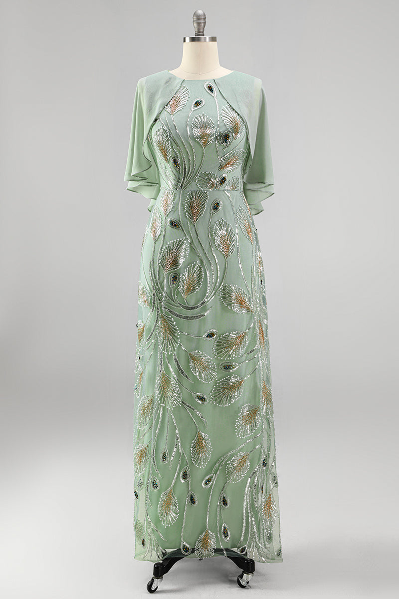Laden Sie das Bild in den Galerie-Viewer, Grünes A-Linie Rundhals Langes Mutter-der-Braut-Kleid mit Umhang