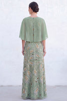 Laden Sie das Bild in den Galerie-Viewer, Grünes A-Linien-Umkleid mit Rundhals und langem Mutter-der-Braut-Kleid mit Umhang