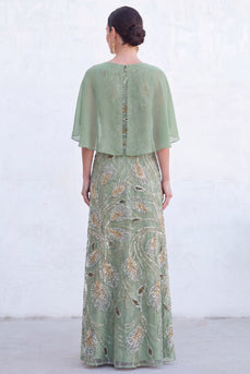 Grünes A-Linie Rundhals Langes Mutter-der-Braut-Kleid mit Umhang