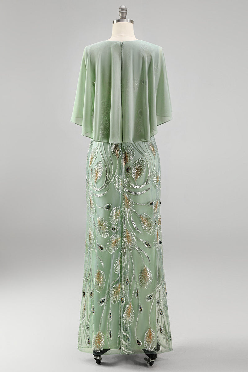 Laden Sie das Bild in den Galerie-Viewer, Grünes A-Linie Rundhals Langes Mutter-der-Braut-Kleid mit Umhang