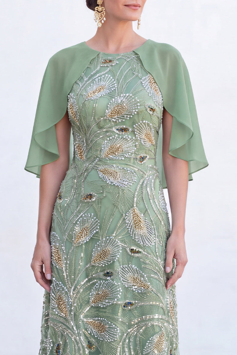 Laden Sie das Bild in den Galerie-Viewer, Grünes A-Linien-Umkleid mit Rundhals und langem Mutter-der-Braut-Kleid mit Umhang