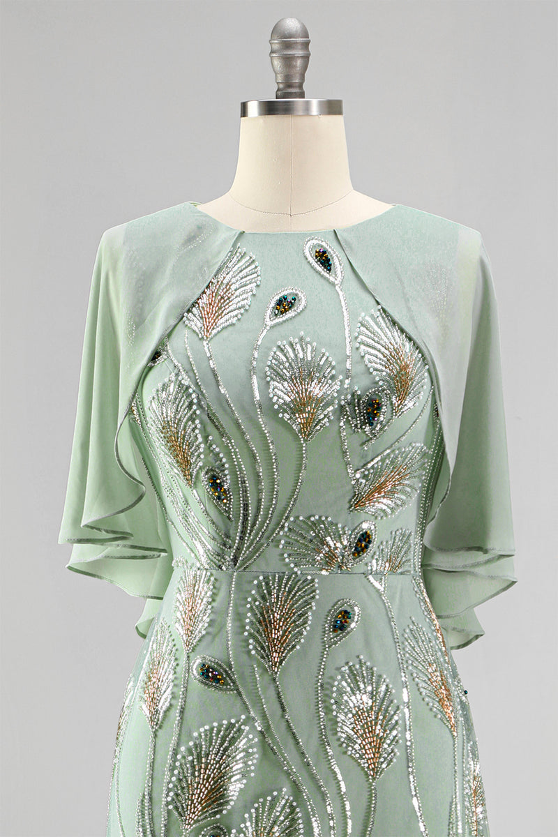 Laden Sie das Bild in den Galerie-Viewer, Grünes A-Linie Rundhals Langes Mutter-der-Braut-Kleid mit Umhang