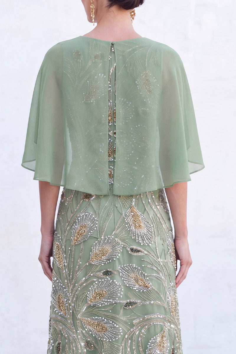 Laden Sie das Bild in den Galerie-Viewer, Grünes A-Linien-Umkleid mit Rundhals und langem Mutter-der-Braut-Kleid mit Umhang