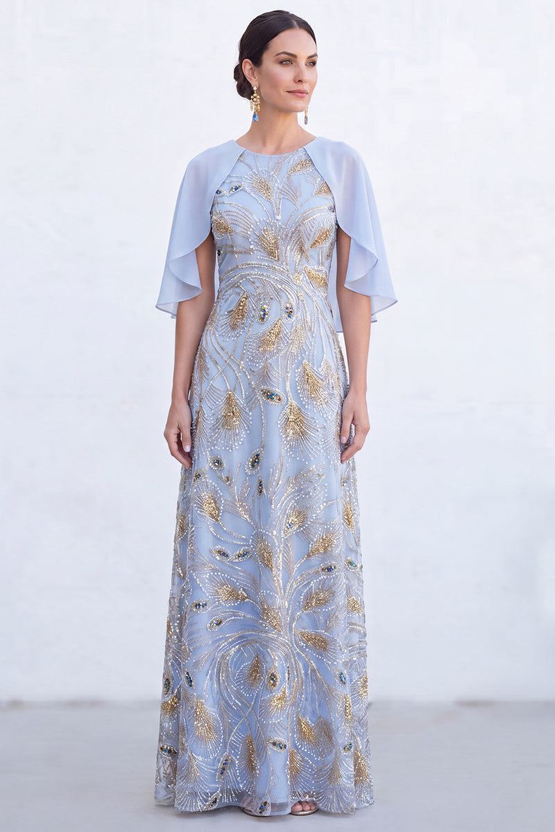 Laden Sie das Bild in den Galerie-Viewer, Grünes A-Linien-Umkleid mit Rundhals und langem Mutter-der-Braut-Kleid mit Umhang