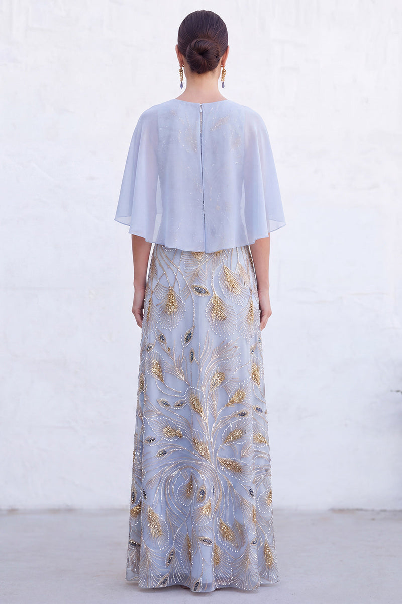 Laden Sie das Bild in den Galerie-Viewer, Grünes A-Linien-Umkleid mit Rundhals und langem Mutter-der-Braut-Kleid mit Umhang