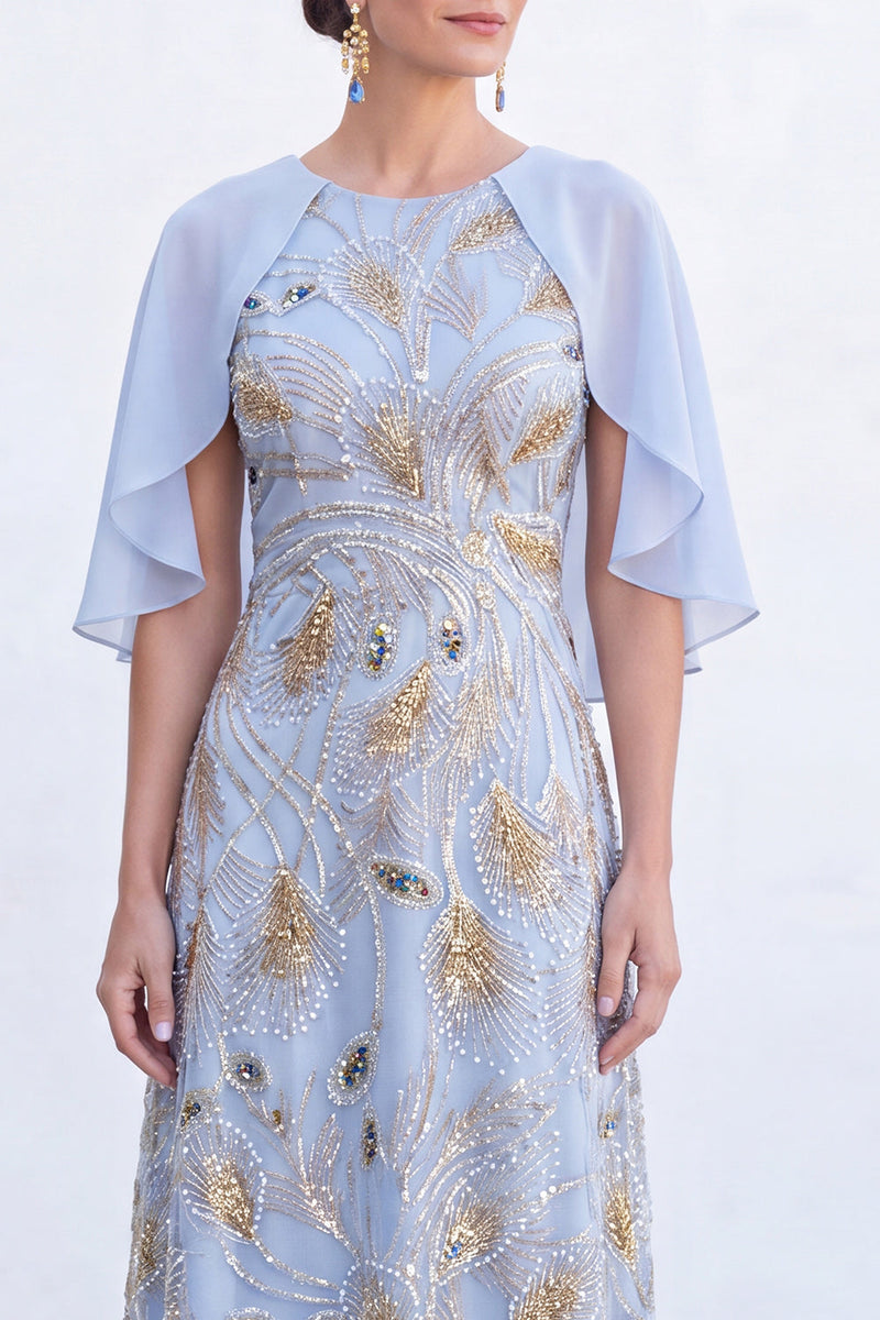 Laden Sie das Bild in den Galerie-Viewer, Grünes A-Linien-Umkleid mit Rundhals und langem Mutter-der-Braut-Kleid mit Umhang