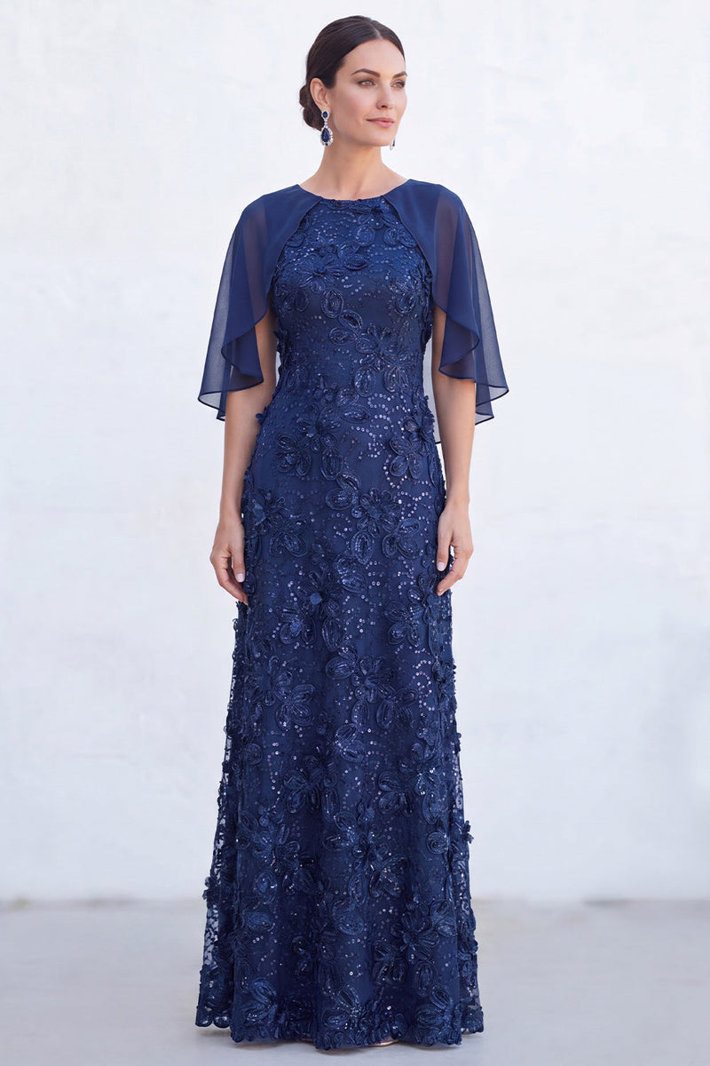 Laden Sie das Bild in den Galerie-Viewer, Grünes A-Linien-Umkleid mit Rundhals und langem Mutter-der-Braut-Kleid mit Umhang