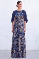 Laden Sie das Bild in den Galerie-Viewer, Grünes A-Linien-Umkleid mit Rundhals und langem Mutter-der-Braut-Kleid mit Umhang