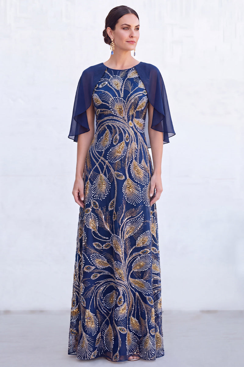 Laden Sie das Bild in den Galerie-Viewer, Grünes A-Linien-Umkleid mit Rundhals und langem Mutter-der-Braut-Kleid mit Umhang
