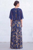 Laden Sie das Bild in den Galerie-Viewer, Grünes A-Linien-Umkleid mit Rundhals und langem Mutter-der-Braut-Kleid mit Umhang