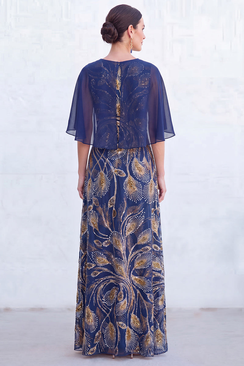 Laden Sie das Bild in den Galerie-Viewer, Grünes A-Linien-Umkleid mit Rundhals und langem Mutter-der-Braut-Kleid mit Umhang