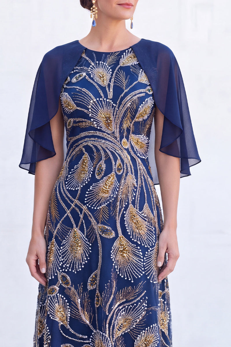 Laden Sie das Bild in den Galerie-Viewer, Grünes A-Linien-Umkleid mit Rundhals und langem Mutter-der-Braut-Kleid mit Umhang