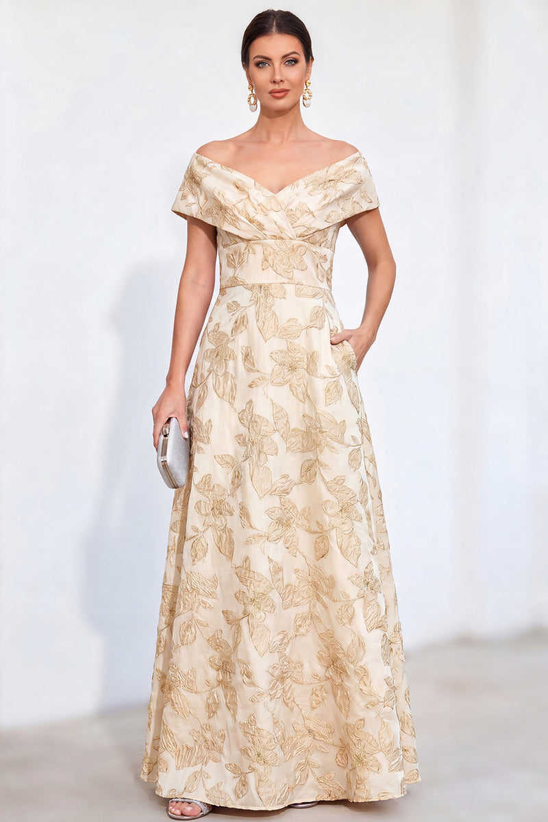 Laden Sie das Bild in den Galerie-Viewer, Goldene A-Linie schulterloses Jacquard-Blumen-Langkleid Mutter der Braut