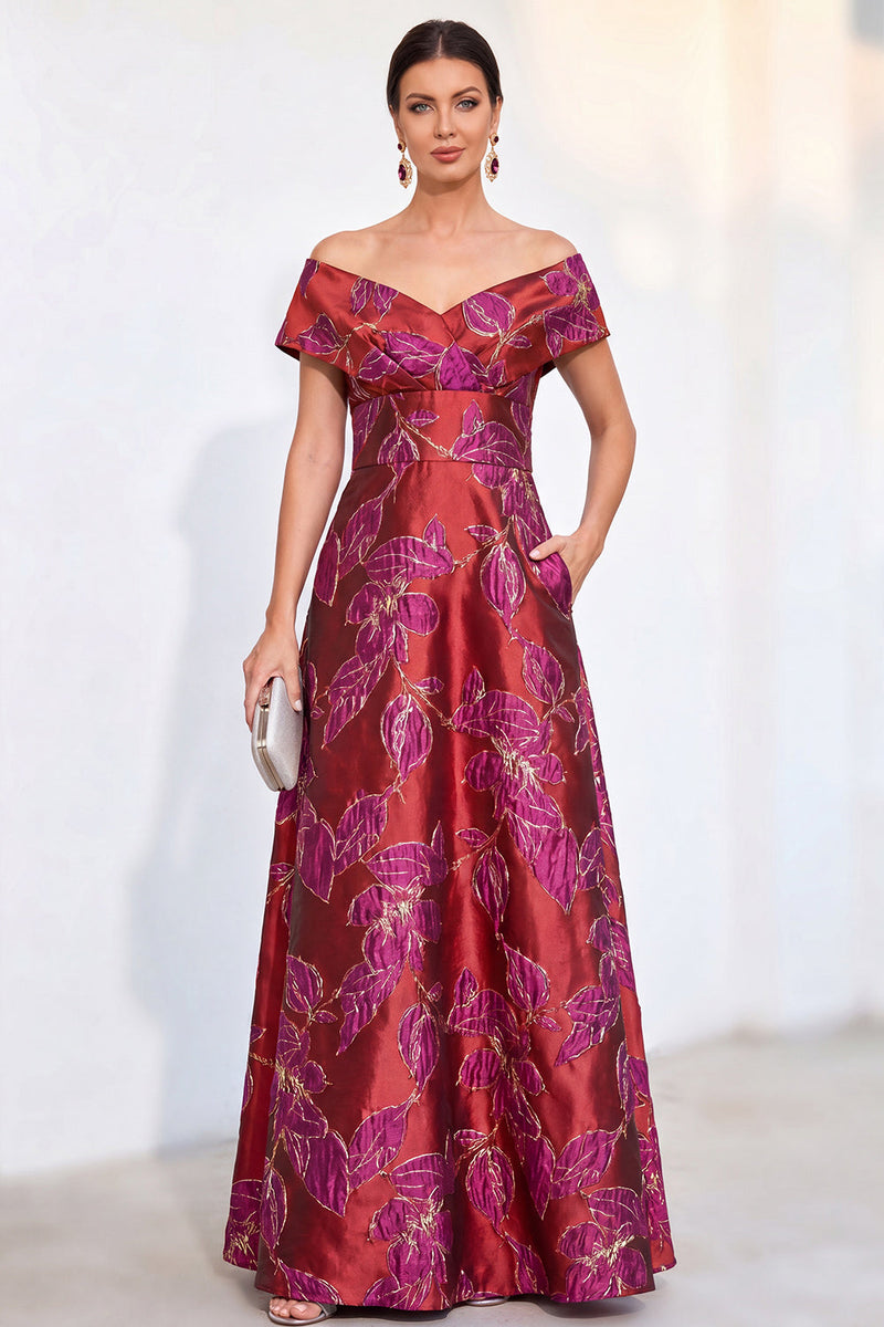 Laden Sie das Bild in den Galerie-Viewer, Goldene A-Linie schulterloses Jacquard-Blumen-Langkleid Mutter der Braut